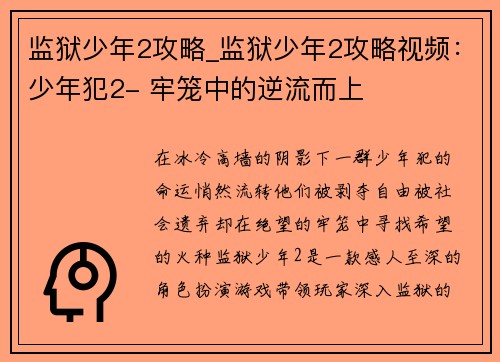 监狱少年2攻略_监狱少年2攻略视频：少年犯2- 牢笼中的逆流而上